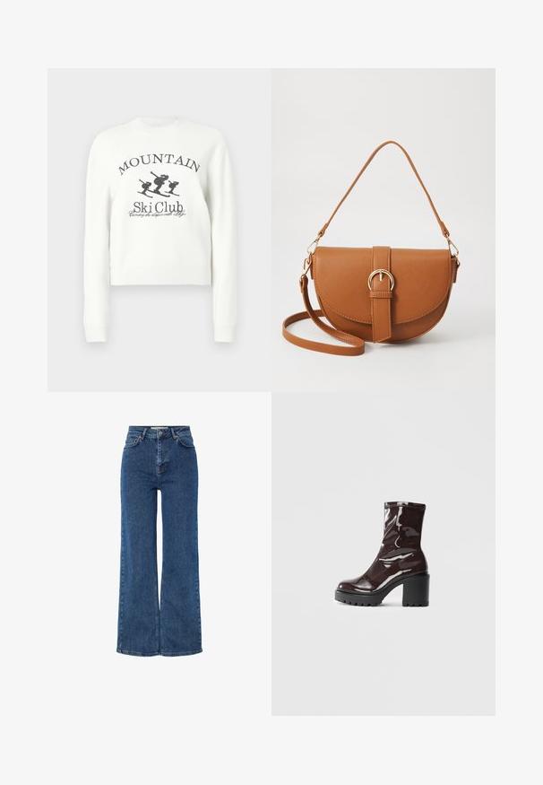 Valge lühike pusa, millel on ümar kaelus, pikad varrukad ja suusatajate graafiline trükk koos tekstiga "MOUNTAIN Ski Club".; Kõrge vöökohaga sinised denim püksid laiade jalgadega, traditsioonilise viie tasku disainiga, metallist nupuga kinnitamine ja kontrastselt õmmeldud detailidega.; Klakav läikiv burgundi värvi pahkluu saabas, millel on paks must konts, sile tekstuur ja lihtne disain. Nähtavad kinnitused või mustrid puuduvad.; Pruun nahast õlakott, millel on kumer kuju, kullavärvi riistvara ja pandlaga kaunistus. Omab eemaldatavat õlarihma.