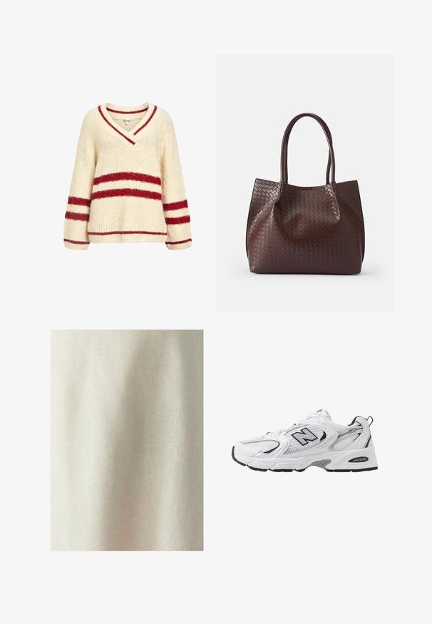 Cremefarvet strikket sweater med V-hals, prydet med røde striber tværs over brystet og ærmerne. Blød tekstur med ribbede manchetter og bund.; Lyst beige stof med en subtil tekstur og jævn vævning, der viser bløde folder og rynker, egnet til forskellige tekstilapplikationer.; Hvide sportsko med netoverdel, marineblå detaljer og polstret sål. Har "N" logo, snørebånd og struktureret detalje på siden.; Brun vævet læder tote taske med to håndtag, der har en tekstureret overflade og et åbent topdesign. Minimalistisk form uden yderligere hardware.