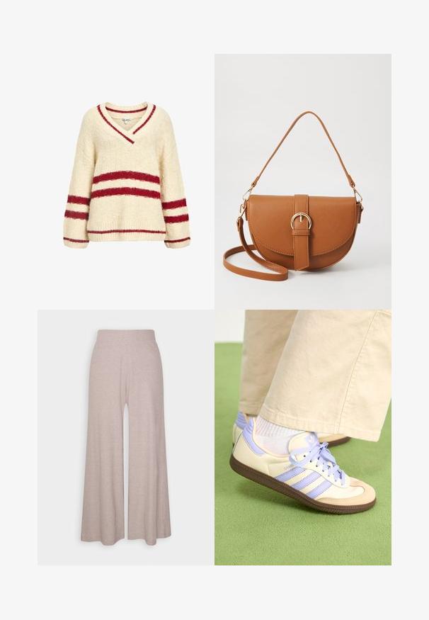 Cream-colored knit sweater with a V-neck, featuring red stripes across the chest and sleeves. Soft texture with ribbed cuffs and hem.; Light grey wide-leg trousers made of soft, ribbed fabric, featuring a high waistband and full-length legs with subtle texture.; Cream and lavender sneakers with three stripes and a textured brown sole, featuring laces and a padded heel. Soft fabric upper.; Brown leather crossbody bag with a curved shape, gold hardware, and a buckle accent. Features a detachable shoulder strap.