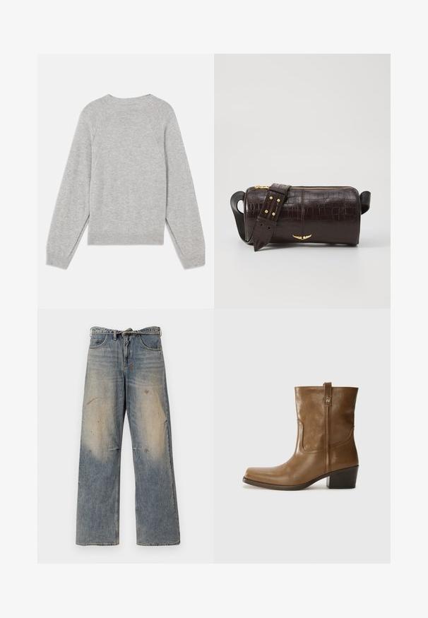 Heled hall kampsärk, mis on valmistatud pehmest kangast, pikki raglanvarrukatega, ümmarguse kaelusega ning ribakääride ja -pohjaga. Lihtne, sujuv disain.; Heledad sinine teksapüksid, millel on lõdva ja sirge jala disain. Omab venitamist, pleekimist ja kulunud detaile põlvede lähedal. Klassikaline viie tasku stiil.; Pruun nahkne ankle boot ruudukujulise varbaga, tekstuuriga viimistluse ja madala virnastatud kontsaga. Sisaldab taga tõmbeaasat ja peeneid õmbluse detaile.; Pruunist krokodillimustrist nahast kott, millel on silindri kuju, kuldse tooni metalldetailid ja eemaldatav rihm, kus on nupud.