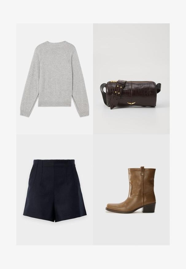 Suéter gris claro hecho de una tela suave, con mangas raglán largas, cuello redondo y puños y dobladillo acanalados. Diseño simple y sin costuras.; Pantalones cortos de color navy con un diseño a medida, que presentan dos pliegues frontales, una textura suave y un corte recto a la altura del muslo.; Botín de cuero marrón hasta el tobillo, con punta cuadrada, acabado texturizado y un tacón bajo apilado. Presenta una pestaña trasera y detalles de costura sutiles.; Bolso de cuero marrón con estampado de cocodrilo, de forma cilíndrica, con herrajes en tono dorado y una correa desmontable con tachuelas.