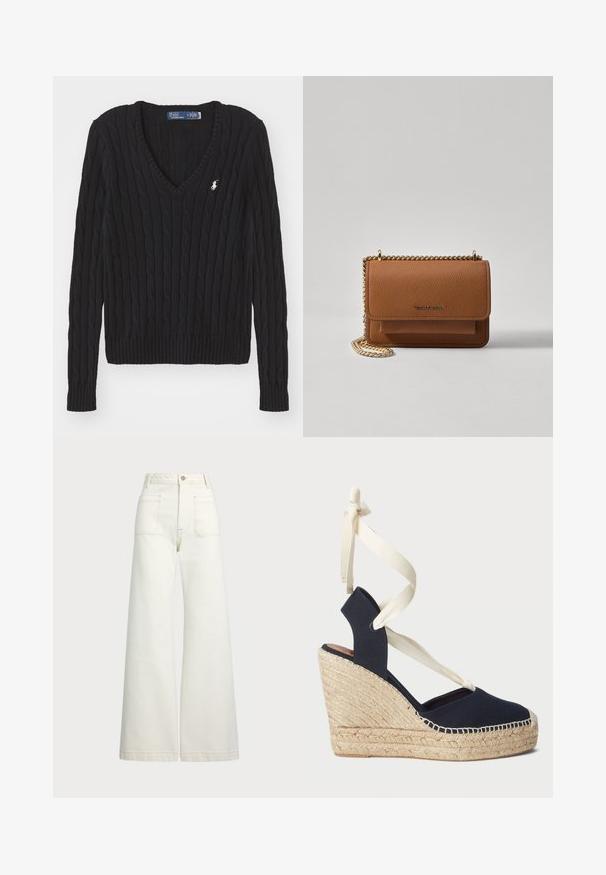 Svart kabelstrikket v-hals genser med ribbede mansjetter og kant. Har en liten brodert logo på brystet. Laget av teksturert garn.; Vidde bukser i off-white denim. Høyt liv-design med knappelukking, to frontlommer og kontrastsøm detaljer.; Marine blå lærret kile sandal med jute såle og kremfargede bånd rundt ankelen. Lukket hæl og rund tå-design.; Brun teksturert lær crossover-veske med gullkjede-stropp og klaffelukking. Fronten har logo-detalj og en lomme under klaffen.