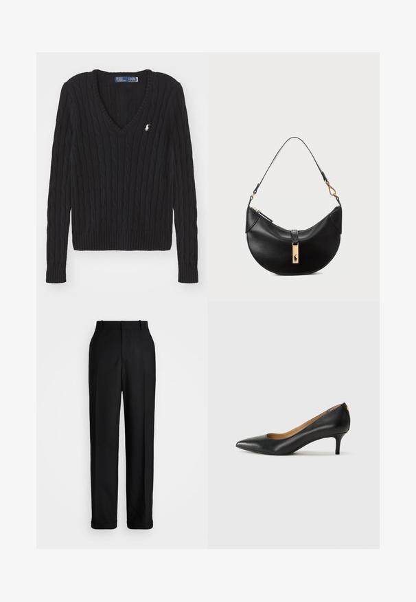 Mustast kaelusvaba soonikkoes, millel on soonilised varrukate ja servade ääred. Ees vasakul on väike brodeeritud logo. Valmistatud tekstuuritud lõngast.; Polo Ralph Lauren HIGH RISE RELAXED STRAIGHT TROUSER - Püksid - black; Must musta musta, millel on terav nina, madal konts ja sile tekstuur. Omab pisut avatud osa ees ja minimaalset riistvara taga.; Must musträik maximum ümmargune nahk kott. Omab kuldse metallist aksessuaari ja kitsast rihma. Sile tekstuur, lukuga sulgemine üleval.