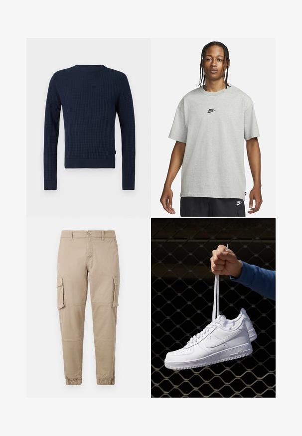 Marineblauwe gebreide trui met een gestructureerd patroon, lange mouwen, ronde hals en geribde manchetten en zoom. Heeft een subtiele logo aan de zijkant.; Jong persoon met gevlochten haar, gekleed in een lichtgrijs Nike T-shirt en zwarte Nike shorts tegen een effen witte achtergrond.; Beige cargobroek van lichtgewicht katoenen materiaal. Kenmerkend zijn de elastische boorden, meerdere zijzakken en een knoopsluiting.; Witte leren sneakers met perforaties, ronde neus, vlakke zool en dikke veters, met een zichtbare swoosh-logo en "AIR" op de hiel.