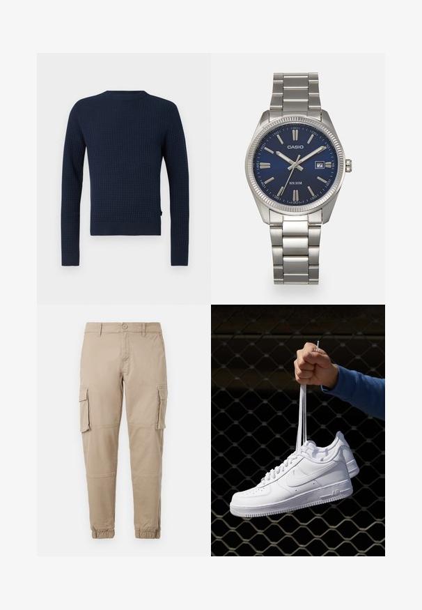 Marineblauwe gebreide trui met een gestructureerd patroon, lange mouwen, ronde hals en geribde manchetten en zoom. Heeft een subtiele logo aan de zijkant.; Beige cargobroek van lichtgewicht katoenen materiaal. Kenmerkend zijn de elastische boorden, meerdere zijzakken en een knoopsluiting.; Witte leren sneakers met perforaties, ronde neus, vlakke zool en dikke veters, met een zichtbare swoosh-logo en "AIR" op de hiel.; Zilveren roestvrijstalen horloge met een marineblauwe wijzerplaat, metalen uurmarkeringen en een datumnis op 3 uur. Waterbestendig tot 50 meter.