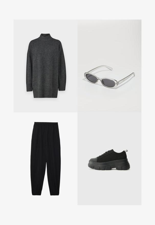 Tumši pelēks, pārmērīgi liels augstais kakls džemperis, izgatavots no mīksta trikotāžas materiāla ar garām piedurknēm un ribotu apakšmalu; gluda tekstūra, minimālistisks dizains.; Melnas, vieglas bikses ar elastīgu jostu un savilktiem potītiem. Audums ir gluds un to raksturo brīva, sašaurināta forma.; Melnas kedas ar masīvu gumijas zoli, teksturētu auduma augšdaļu, apaļu purngalu un saistīšanas dizainu. Iekļautas pastiprinātas acs atveres un aizmugurējais cilpiņas siksniņa.; Saulesbrilles ar ovālu formu, caurspīdīgu plastmasas rāmi, tumši pelēkiem stikliem un plāniem caurspīdīgiem kātiem, kas satur logotipa akcentus un minimālu noformējumu.; Melnas ādas hobo soma ar gludu tekstūru, izliekta forma un vienu regulējamu jostu; augšā ir plaša atvere.