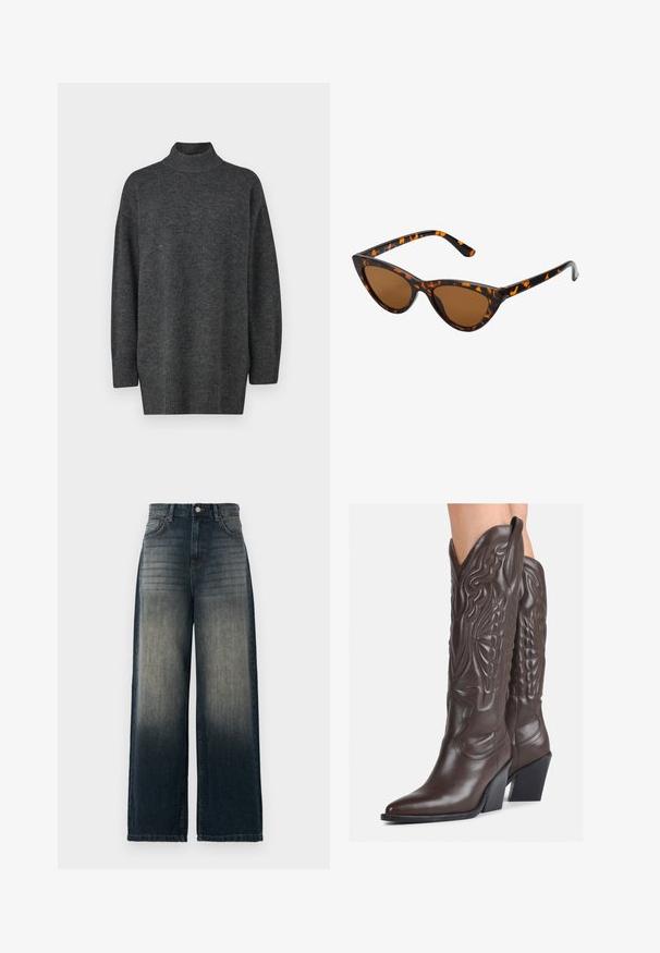 Tumši pelēks, pārmērīgi liels augstais kakls džemperis, izgatavots no mīksta trikotāžas materiāla ar garām piedurknēm un ribotu apakšmalu; gluda tekstūra, minimālistisks dizains.; Platas kājas džinsi tumši denima krāsā, ar izbalējušu gradientu no tumšā līdz gaišajam, pieci kabatas un kontrastējošas šuves detaļas.; Brūni ādas kovboju zābaki ar norādītu purngalu un blokveida papēdi, ar detalizētu šūšanu un paceltiem akcentiem uz kājas daļas.; Kaķa acs saulesbrilles ar melnu un oranžu bruņurupuču rakstu rāmi, brūnām lēcām un elegantiem, norādītiem galiem. Rāmī ir minimālists logos uz tempļa.
