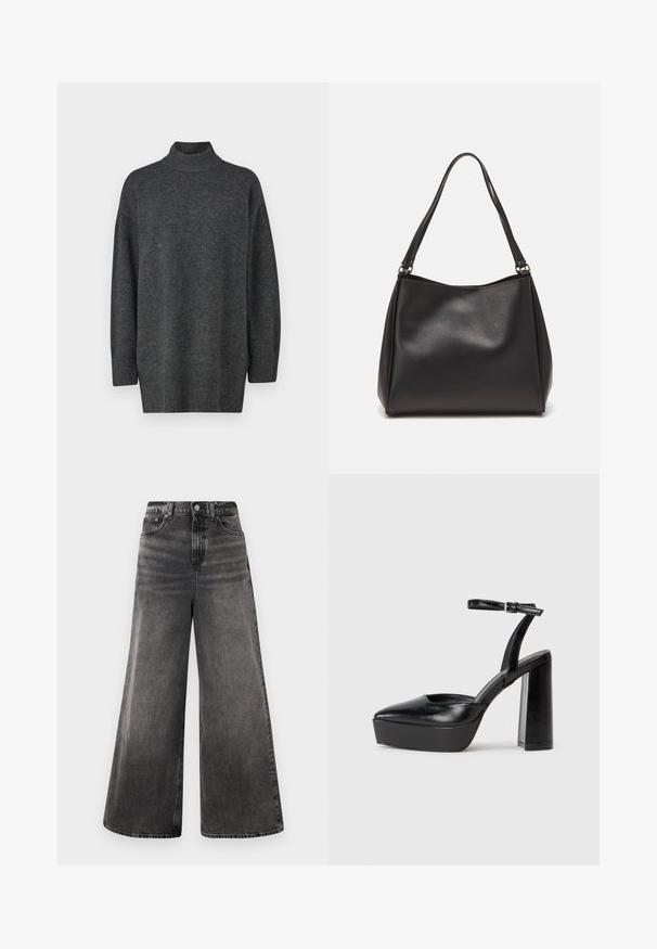 Mørkegrå, stor turtleneck genser laget av mykt strikkemateriale med lange ermer og ribbestrikket kant; glatt tekstur, minimalistisk design.; Bredde ben svarte denim jeans med falmet vask, fem-lommers design og knappelukking i livet, med sømdetaljer.; Sorte plattformhelter med spiss tå og justerbar ankelrem. Laget av glatt lær, med en robust blokkhel.; Svart syntetisk lærveske med myk tekstur, hobo-form og doble skulderstropper; har en blank overflate og minimalistisk design.