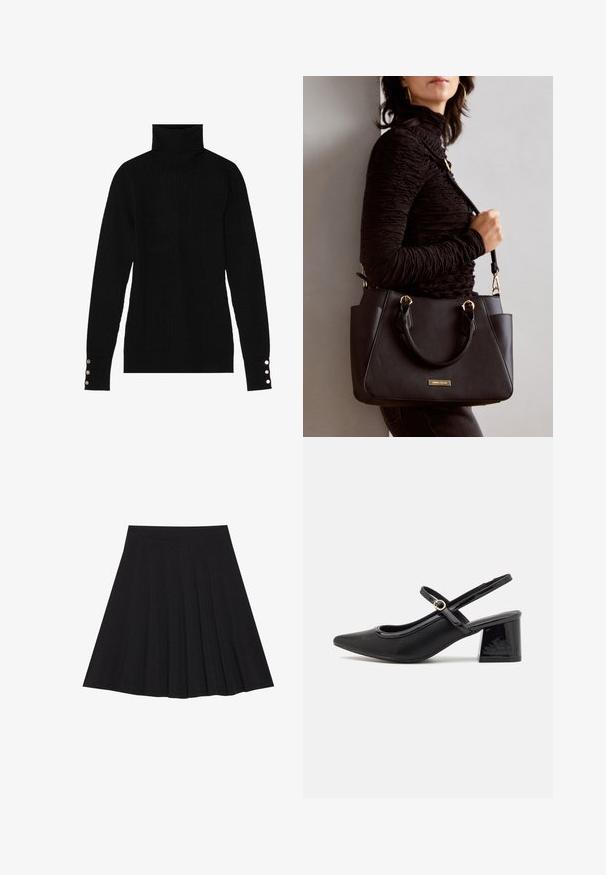 Juodas golfas su reljefine tekstūra. Suformuoti ilgomis rankovėmis, prie kiekvieno rūbo krašto yra trys sidabriniai mygtukai.; Juoda plisėta sijonas, pagamintas iš tekstūruotos medžiagos su prigludusia juosmens juosta. Siekia kelių ilgį, turi sklandžią, švarią siluetą.; Juodi patentinio odos slingback aukštakulniai su smailiu pirštu, apvaliu išpjovimu ir blokiniu kulnu. Papuošti auksiniu juostos akcentu.; Juodas rankinės maišelis su struktūrizuota paviršiumi, dvigubais viršutiniais rankenėlėmis ir reguliuojamu peties diržu. Įrengtas aukso spalvos furnitūra ir šoninės kišenės.