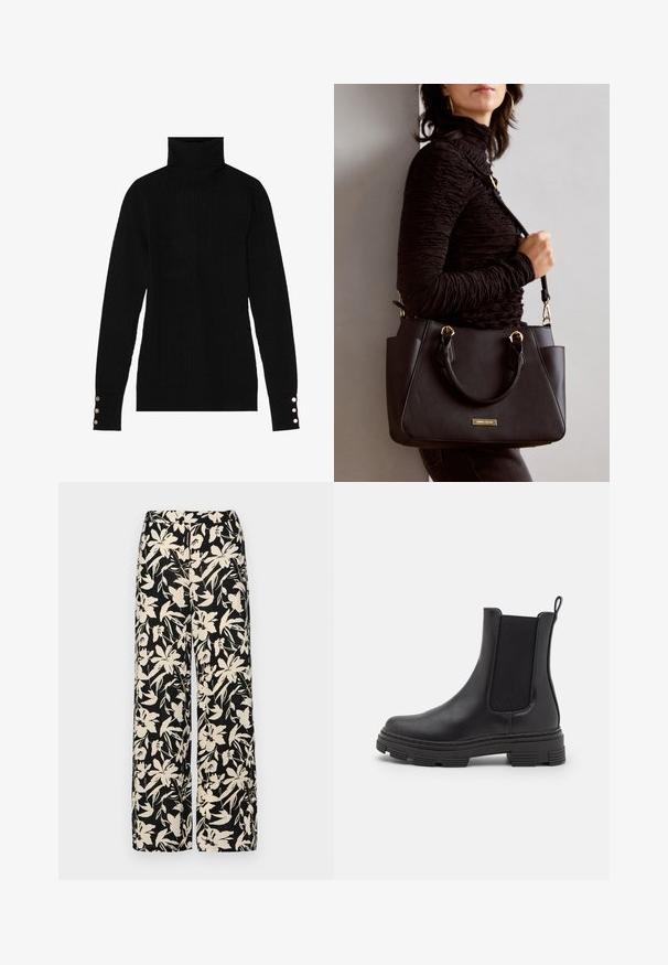 Crna rolka s rebrastom teksturom. Ima prilagođene duge rukave s tri srebrna dugmeta na svakom manžetu.; Crne široke hlače s kremastim cvjetnim uzorkom. Izrađene od lagane tkanine, sa glatkom teksturom i visokim pojasom.; Crne kožne gležnjače s elastičnim bočnim panelima, zaobljenim prstima i strukturiranom gumenom potplatom. Imaju petlju straga za lakše oblačenje.; Crna torba s teksturiranom površinom, dvostrukim gornjim ručkama i podesivom remenom za rame. Ima zlatne metalne detalje i bočne džepove.