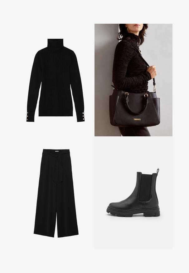 Czarny sweter z golfem o prążkowanej teksturze. Posiada dopasowane długie rękawy z trzema srebrnymi guzikami przy każdym mankiecie.; Czarne spodnie szerokie z teksturowanej tkaniny, z elastycznym paskiem w talii i odpinanym paskiem w talii dla regulowanego dopasowania.; Czarny skórzany botek za kostkę z elastycznymi panelami bocznymi, okrągłym czubkiem i teksturowaną gumową podeszwą. Posiada pętelkę z tyłu ułatwiającą zakładanie.; Czarna torebka z teksturowanej powierzchni, podwójnymi uchwytami na górze i regulowanym paskiem na ramię. Posiada złote okucia i boczne kieszenie.