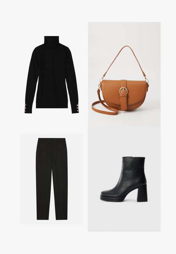 Svart polotröja med ribbad textur. Har åtsittande långärmar med tre silverknappar vid varje manschett.; Svarta byxor med skräddarsydd design, med sidofickor och raka ben. Tillverkade av ett mjukt, lätt tyg med en stilren finish.; Svart läderankelboot med blockklack och platåsula, sedd från sidan på en enkel vit bakgrund.; Brun läder crossbody-väska med en böjd form, gyllene detaljer och en spänneaccent. Har en avtagbar axelrem.