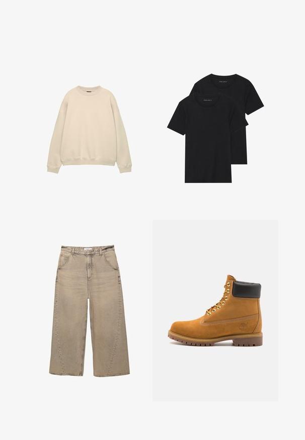 Krémový oversized svetr s kulatým výstřihem a žebrovanými manžetami. Vyrobeno z měkké látky s hladkou texturou a minimalistickým designem.; Dvě černé bavlněné tričko s krátkým rukávem, kulatým výstřihem a hladkou texturou, vystavené naskládané k sobě.; PULL&BEAR MEGA BAGGY - Baggy džíny - light grey; Hnědé semišové kotníkové boty s černým polstrovaným límcem, zlatými kovovými očky, bílým prošíváním a odolnou gumovou podrážkou s výraznými drážkami.