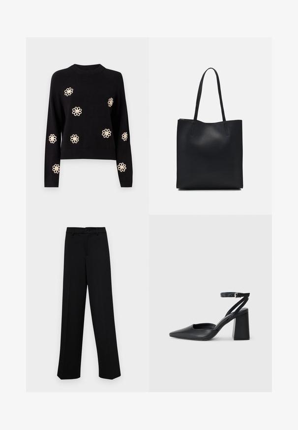 Object OBJLANEY RUBIN NOOS - Strickpullover - black; Schwarze, weit geschnittene Hosen aus glattem Stoff, mit einem klassischen Taillenbund und einem Knopfverschluss sowie vorderen Falten.; Schwarze Leder-Pumps mit spitzer Zehe, einem Knöchelriemen und einem blockigen Absatz. Flache Textur, elegantes Design und minimalistische Ästhetik.; Schwarze Laptoptasche aus Leder mit glatter Textur, rechteckiger Form und zwei langen Griffen. Keine sichtbaren Beschläge oder Verzierungen.