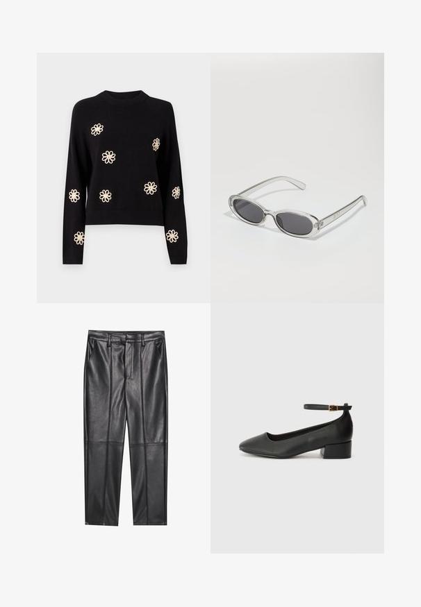Object OBJLANEY RUBIN NOOS - Svetr - black; Černé kožené kalhoty s hladkou texturou, se střihovým provedením rovného střihu, dvěma předními kapsami a viditelnými švy.; Černé kožené lodičky s špičatou špičkou a nízkým blokovým podpatkem. Obsahují pásek kolem kotníku se zlatou sponou. Hladký povrch.; Sluneční brýle s oválným tvarem, průhledným plastovým rámem, tmavě šedými skly a tenkými průhlednými stranami s akcenty loga a minimálními detaily.; Černá kožená taška s dlouhými ušima, hladkým povrchem a strukturovaným tvarem. Obsahuje přední kapsu pro další úložný prostor.