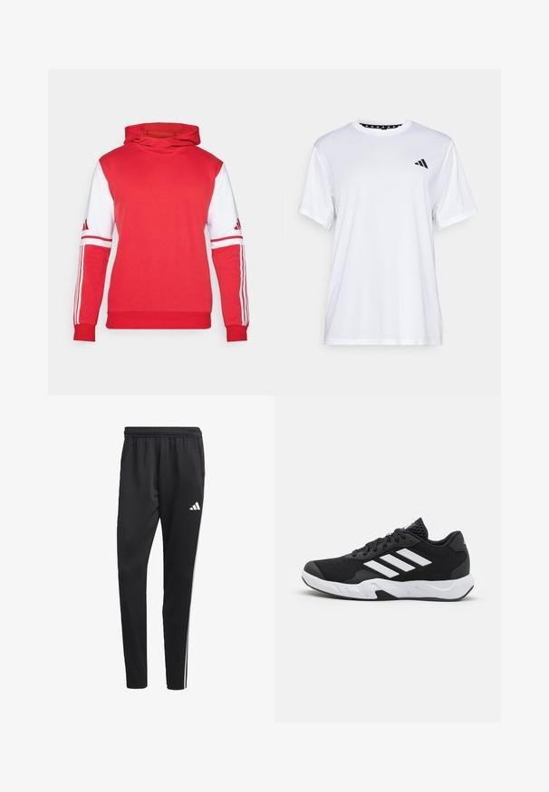 Hanorac roșu cu fața solidă, mâneci albe și trei dungi albe pe brațe. Are o buzunar tip cangur și o glugă.; Tricou sportiv alb cu mâneci scurte, fabricat dintr-un material care elimina umezeala. Are un logo negru pe pieptul stâng și o guler interiory cu un design patterned.; Pantaloni sport negru cu un brâu elastic, dungi albe pe lateral și un mic logo alb pe coapsă. Realizați dintr-un material neted și ușor.; Pantofi sport negri cu un material din plasă texturată, benzi albe de accent, o talpă cushioned și un călcâi întărit pentru suport.
