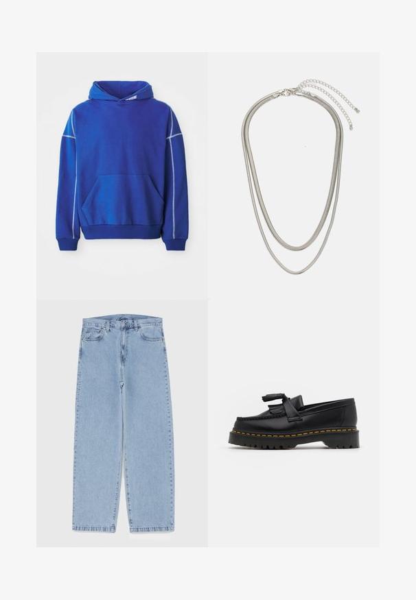 Moletom azul feito de tecido macio, apresentando um bolso canguru, capuz com cordão e costuras em azul claro contrastante ao longo das costuras.; Jeans de denim azul claro com design de perna reta, apresentando uma cintura de altura média, cinco bolsos e um fecho de botão e zíper.; Mocassim de couro preto com um detalhe de franjas, apresentando uma sola preta robusta e costura amarela ao longo da borda. Acabamento texturizado.; Colar de metal prateado em três camadas, com correntes flexíveis e elegantes que possuem um leve brilho, fechado com um fecho de lagosta e corrente ajustável.