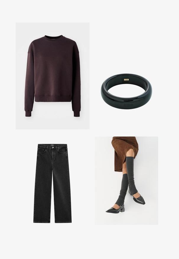 Felpa marrone scuro in un morbido mix di cotone, con collo a giro, maniche lunghe e polsini e orlo a costine per un aspetto aderente.; Jeans in denim nero a gamba larga con un sottile motivo a righe verticali, dotati di cinque tasche e una chiusura a bottone classica in vita.; Scarpe nere in pelle verniciata con punta affilata, tacco a blocco e cinturino alla caviglia, abbinate a scaldamuscoli grigi a coste e una gonna in suede marrone.; Bracciale in resina nera con superficie liscia e lucida e bordi arrotondati. Presenta un piccolo logo dorato "Pilgrim" all'interno.