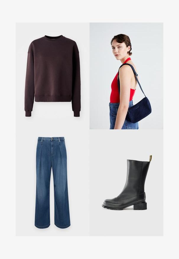 Sudadera marrón oscuro en una suave mezcla de algodón, con cuello redondo, mangas largas y puños y dobladillo acanalados para una apariencia ajustada.; Pantalones vaqueros de pierna ancha en lavado azul medio. Con cierre de botón, dos pliegues frontales y costuras en contraste. Textura suave y acabado liso.; Botín de cuero negro hasta el tobillo con un tacón cuadrado, textura lisa, punta redonda y una lengüeta en el talón que presenta una marca amarilla.; Bolso de hombro de denim azul con una superficie texturizada, correa ajustable y herrajes plateados. Forma compacta con cierre de cremallera.