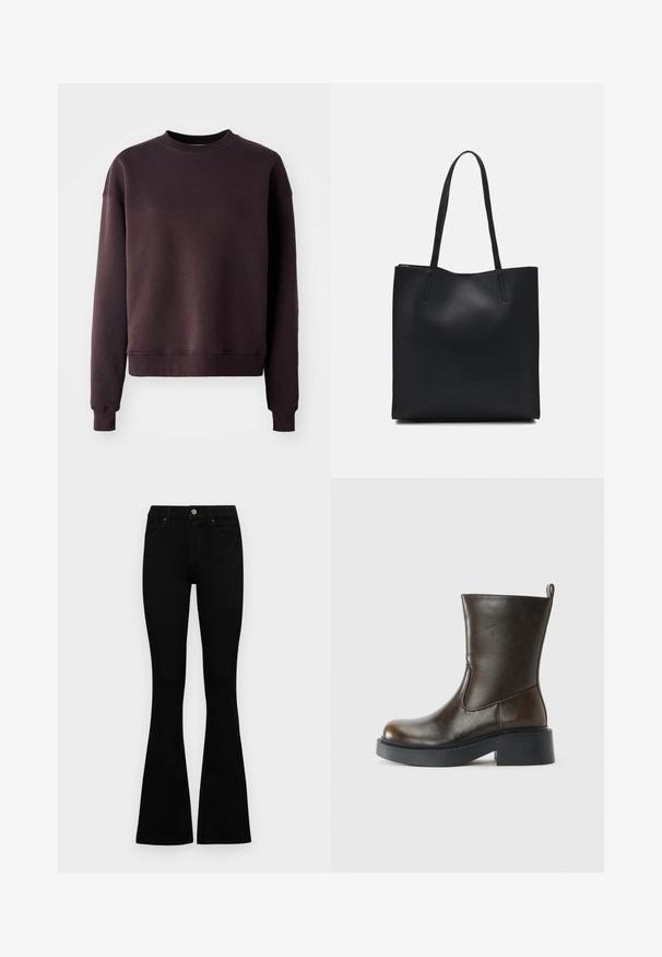 Sötétbarna pulóver puha pamutkeverékből, kerek nyakkivágással, hosszú ujjaival, valamint bordázott mandzsettával és aljjal a karcsú megjelenés érdekében.; Fekete, magas derekú farmernadrág gomb- és cipzárzárral, elülső zsebekkel és harangszárral, laposan egy fehér háttérre terítve.; Sötétbarna, középig érő bőrcsizma, lekerekített orral, vastag fekete talppal, alacsony block sarkal és hátsó húzókával.; Fekete bőrtáska sima felszínnel, téglalap alakú, két hosszú füllel. Nincs látható fémkiegészítő vagy díszítés.