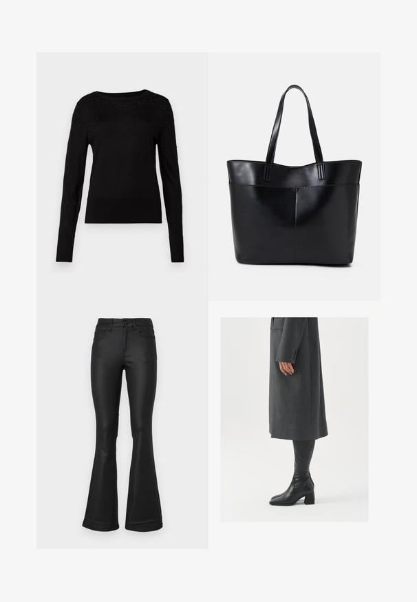 Fekete pulóver hosszú ujjal, kerek nyakkivágással és texturált részletekkel. Kisméretű díszítések találhatók a vállakon, sima kötött anyagból készült.; Fekete, ellapult farmernadrág sima anyagból. Öt zsebbel, testhezálló derékkal és széles szárnyítóval a szár végén.; Szürke, szabott overál, egyenes vonallal; térd fölé érő fekete bőrcsizmákkal párosítva, négyzetes orral és vastag sarokkal.; Fekete bőr bevásárlótáska két hosszú fogantyúval, sima felülettel és strukturált formával. Elülső zseb található rajta a plusz tárolás érdekében.
