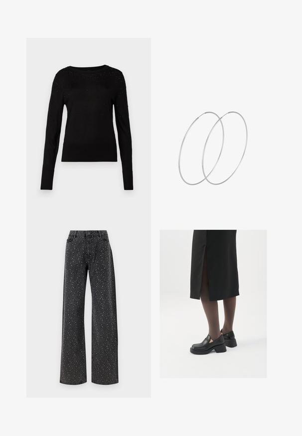 Musta neulepaita, jossa on pitkät hihat, pyöreä pääntie ja tekstiilikoostumuksen yksityiskohtia. Sisältää pieniä koristeita hartioilla ja sileää neulottua kangasta.; Noisy May NMJANNEL LOOSE - Relaxed fit -farkut - black denim; Mustat nahkakengät pyöreällä kärjellä, paksulla lohkopohjalla ja joustavilla sivuakkesseilla, yhdistettynä tummiin sukkahousuihin ja mustaan hameeseen, jossa on halkio.; Hopehope hopeilla, joissa on minimalistinen muotoilu. Pyöreä muoto, sileä pinta ja ohut profiili. Kevyet ja kiillotetut.