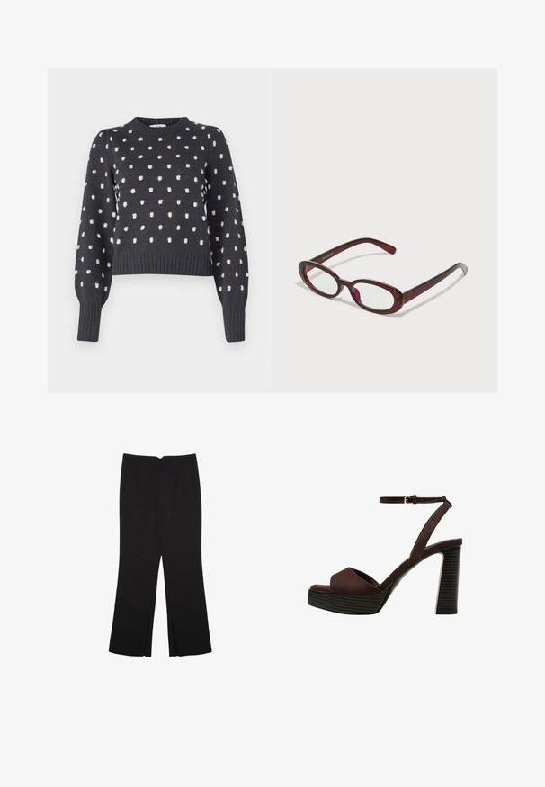 Maglione grigio scuro con scollatura a girocollo, dotato di un motivo testurizzato di punti rosa chiaro e polsini e orlo a costine.; Pantaloni neri a gamba dritta, con tasche frontali e spacchi laterali all'orlo. Realizzati in tessuto morbido e liscio. Adatti a diverse occasioni.; Sandal in camoscio marrone con tacco alto, punta aperta, cinturino alla caviglia regolabile e suola a piattaforma striata.; Occhiali da sole rotondi di colore rosso con lenti trasparenti e montatura marrone elegante. Il design presenta curve sottili e hardware minimale.