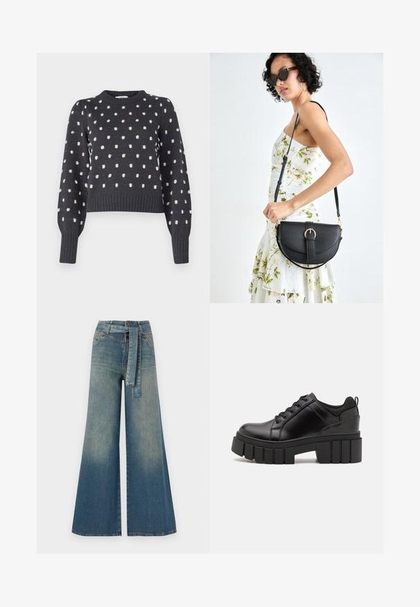 Dark gray sweater with a crew neckline, featuring a textured pattern of light pink dots and ribbed cuffs and hem.; Wide-leg denim trousers featuring a light to dark blue gradient, high waist, belt loops, and a matching fabric belt. Textured denim finish.; Black leather platform shoes with a chunky block heel, round toe, and traditional lace-up design. Features smooth texture and minimal detailing.; Black leather handbag with a curved shape, detachable strap, and gold hardware. The bag features a flap with a buckle detail.