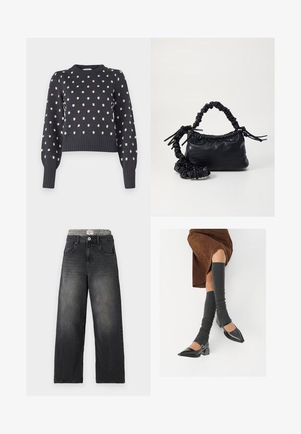 Dunkelgrauer Pullover mit Rundhalsausschnitt, der ein strukturiertes Muster aus hellrosa Punkten sowie gerippte Bündchen und Saum aufweist.; Schwarze Jeans mit weitem Bein aus Denim und einem Hahnentritt-Muster am Bund. Merkmale sind Fronttaschen und ein Knopfverschluß. Mit einem abgenutzten Look.; Schwarze lacklederne spitze Schuhe mit Blockabsatz und Knöchelriemen, kombiniert mit grauen gerippten Beinstulpen und einem braunen Wildlederrock.; Schwarze Handtasche aus Kunstleder mit Krokodilstruktur, gerafftem oberen Teil und einem geschoppten Tragegurt. Sie wirkt weich und kompakt im Design.