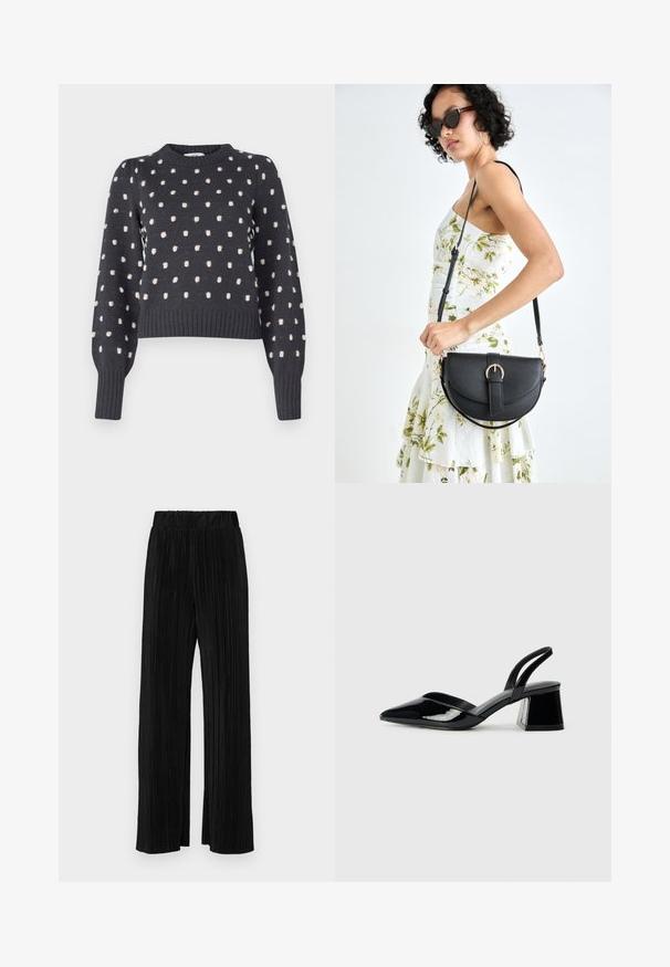 Mørk grå genser med rund hals, som har et teksturert mønster av lyse rosa prikker og ribbede mansjetter og nederkant.; Sorte plisserte bukser med elastisk midje. Har vide ben og et glatt, strukturert stoff med vertikale striper.; Svarte patentlær slingback hæler med spiss tå og geometrisk blokk hæl. Har et stilrent, minimalistisk design og jevn tekstur.; Svart lærveske med en buet form, avtagbar stropp og gullbeslag. Vesken har et klaff med spenne-detall.