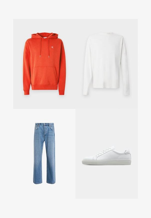 Roter Kapuzenpullover aus Baumwolle mit Fronttasche, Kordelzug an der Kapuze und kleinem, aufgesticktem Logo auf der Brust. Weiche Textur und gerippte Bündchen.; Langärmliges weißes Baumwollhemd mit rundem Ausschnitt, seitlichen Schlitzen am unteren Rand und glatter Textur, von hinten präsentiert.; Helle blaue Jeans im Geradeschnitt-Design, mit fünf Taschen, Knopfverschluss, minimaler Ausbleichung und kontrastierenden Nähdetails.; Weißer Sneaker mit glattem Lederobermaterial und niedrigem Profil. Verfügt über eine runde Zehenpartie, sechs Ösen und eine strukturierte Gummisohle.
