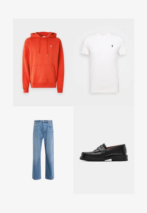 Red cotton hoodie with a front pocket, drawstring hood, and small embroidered logo on the chest. Soft texture and ribbed cuffs.; White cotton t-shirt with a crew neck. Features a small dark blue logo on the left chest. Short sleeves, smooth texture.; Light blue denim jeans with a straight-leg design, five pockets, button closure, minimal fading, and contrasting stitching details.; Black leather loafers feature a raised seam, two decorative straps on the upper, and a thick textured sole for added grip.