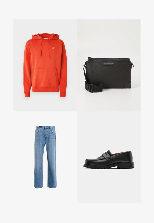 Roter Kapuzenpullover aus Baumwolle mit Fronttasche, Kordelzug an der Kapuze und kleinem, aufgesticktem Logo auf der Brust. Weiche Textur und gerippte Bündchen.; Helle blaue Jeans im Geradeschnitt-Design, mit fünf Taschen, Knopfverschluss, minimaler Ausbleichung und kontrastierenden Nähdetails.; Schwarze Lederloafer verfügen über eine erhöhte Naht, zwei dekorative Riemen im oberen Bereich und eine dicke, strukturierte Sohle für zusätzlichen Halt.; Schwarze Leder-Umhängetasche mit strukturiertem Finish, ausgestattet mit einem Reißverschluss und einem verstellbaren Träger. Logo-Patch auf der Vorderseite. Rechteckige Form.