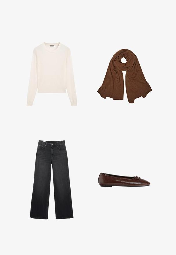 Kremowy sweter wykonany z miękkiego materiału, z okrągłym dekoltem, długimi rękawami i krótkiem dołem. Prosty i minimalistyczny design.; Czarne dżinsowe spodnie o szerokich nogawkach. Posiadają klasyczny pięciopocketowy fason, prosty krój i zapięcie na guzik z przodu.; Brązowe skórzane baleriny o gładkiej fakturze, z ostro zakończonym noskiem i zdobieniem w postaci kokardy z przodu, z niską czarną gumową podeszwą.; Brązowy dzianinowy szalik o miękkiej teksturze, z przedłużonym, luźnym krojem. Krawędzie wykończone są ściągaczem.; Woven oliwkowa torebka o zaokrąglonym kształcie i skręconym uchwycie. Teksturowana powierzchnia zdobiona jest diagonalnym wzorem. Zamek błyskawiczny.