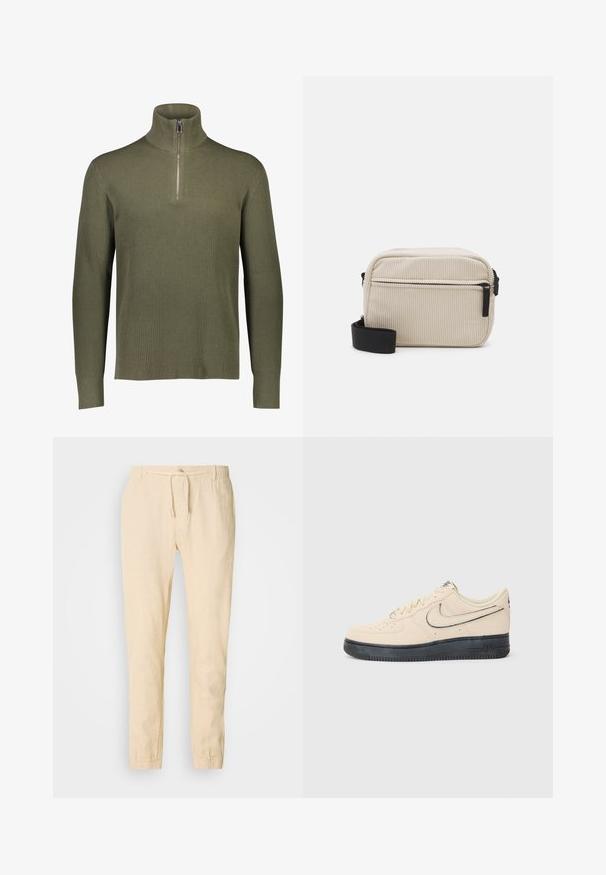 Olive green ribbed knit pullover with a high collar and quarter-zip closure. Features long sleeves and a textured finish.; Light beige linen trousers with a drawstring waist, tapered legs, and elastic cuffs. Simple design with a subtle texture.; Beige suede Nike Air Force 1 sneaker with a black rubber sole, stitched accents, perforated toe, and a prominent swoosh logo.; Cream-colored corduroy crossbody bag with a black zipper, removable strap, and textured pattern. Features one main compartment and front pocket.