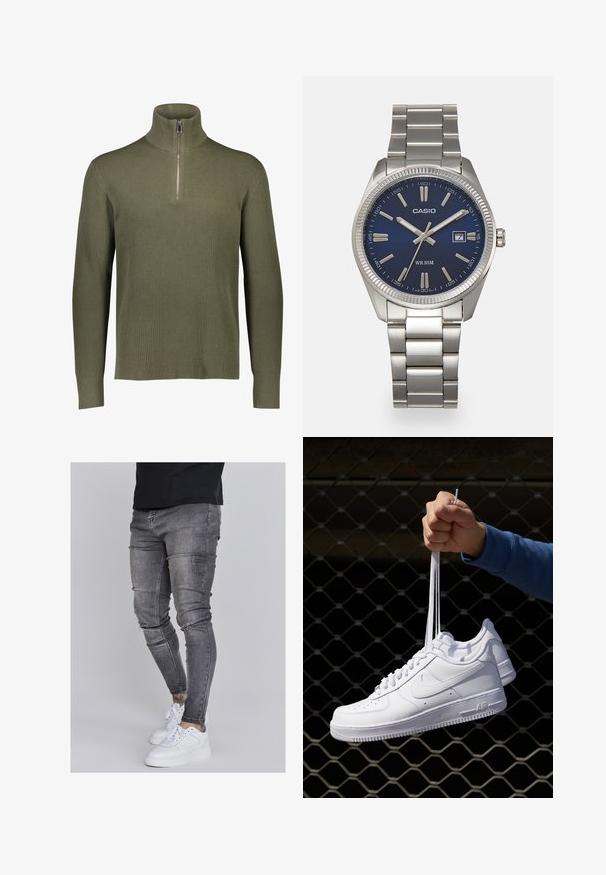 Oliivinvihreä ribbikuvioinen neulepusero, jossa on korkea kaulus ja neljännesvetoketju. Varustettu pitkillä hihoilla ja tekstuuripinnalla.; Kapeat farkut haalistuneessa harmaassa denimmateriaalissa, joissa on kuluneet yksityiskohdat polvissa, yhdistettyinä valkoisiin lenkkareihin. Suora pinta, kapea leikkaus.; Valkoiset nahkasneakersit, joissa on rei'ityksiä, pyöreä kärki, tasapohja ja paksut nauhat, joissa on näkyvä swoosh-logo ja "AIR" kantapäässä.; Harmaa ruostumaton teräs rannekello, jossa on tummansininen kellotaulu, metalliset tuntimerkit ja päivämääränäyttö kello 3:ssa. Vesitiivis 50 metriin asti.