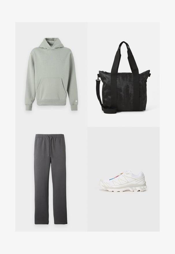 Gaiši pelēks kapucis, izgatavots no kokvilnas maisījuma. Ievērojams ar plašu priekšējo kabatu, ribotām piedurknēm un kapuci ar auklu. Vienkāršs, tīrs dizains.; Pelēki sporta bikses ar elastīgu jostu, auklu un gludu tekstūru. Satur taisnu kāju dizainu un nav redzamu kabatu.; Balti sporta apavi ar teksturētu sietu augšdaļu, atstarojošiem akcentiem un mīkstu zoli. Izteikts zīmola logotips sānos.; Melnā soma ar teksturētu audumu, divām augšējām rokturiem un noņemamu plecu siksnu. Aprīkota ar ieslēdzamu aizdari drošai uzglabāšanai.