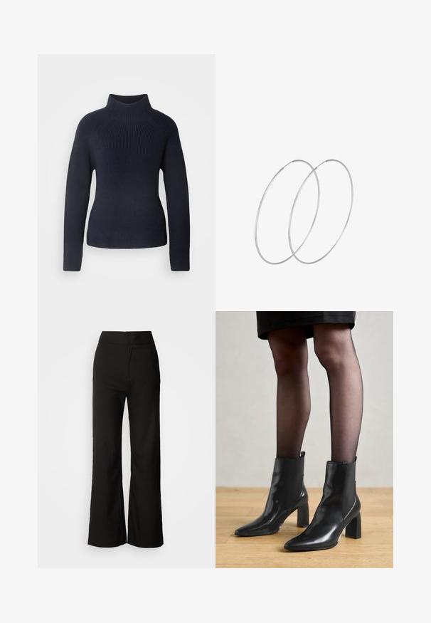 Suéter de punto azul marino con cuello de tortuga y mangas largas, que presenta una textura acanalada y una silueta ajustada. Diseño simple y sin costuras.; Pantalones de pierna ancha negros con una textura suave, cintura alta y un diseño limpio. Sin bolsillos visibles ni adornos.; Botines de cuero negro hasta el tobillo con punta afilada, tacón cuadrado grueso y diseño elegante. Presentan paneles laterales elásticos para facilitar el uso.; Pendientes de aro plateados con un diseño minimalista. Forma circular, textura suave y perfil delgado. Livianos con un acabado pulido.