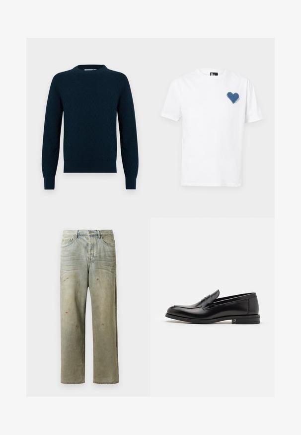 Knit sweater in dark navy, featuring a textured pattern. Crew neck, long sleeves, and ribbed cuffs and hem. Soft material with a cozy appearance.; White cotton t-shirt featuring a blue denim heart appliqué on the left chest. Short sleeves and a classic crew neckline.; Distressed denim jeans in light green, featuring a straight leg, five-pocket design, and uneven fading with paint splatters.; Black leather loafers with a smooth texture, rounded toe, and a decorative strap across the vamp. Low stacked heel, minimalist design.