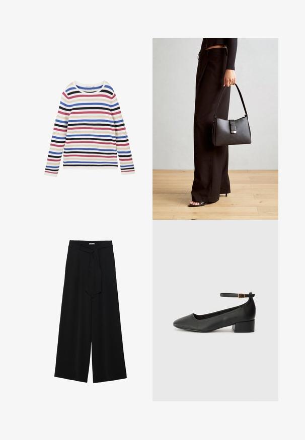 Haut à manches longues rayé en tissu côtelé, présentant des rayures horizontales blanches, roses, bleues, noires et violettes avec un col rond.; Pantalons larges noirs en tissu texturé, avec une taille élastique et une ceinture à nouer amovible à la taille pour un ajustement variable.; Escarpin en cuir noir avec un bout pointu et un petit talon bloc. Doté d'une bride de cheville avec une boucle dorée. Texture lisse.; Sac à main noir à la forme structurée, texture lisse et fermoir métallique. Associé à un pantalon noir ample et des sandales ouvertes sur un sol en bois.