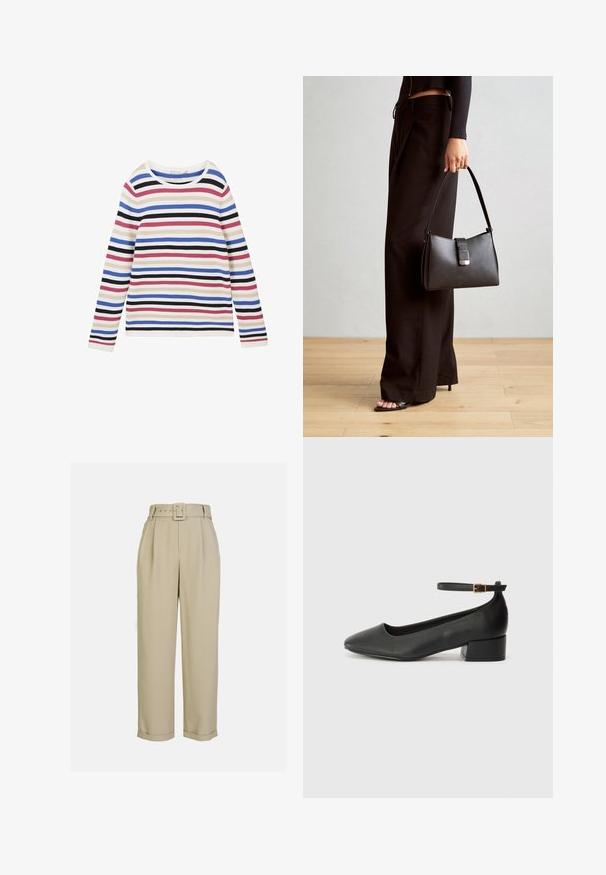Cienki, długi rękaw w prążkowanej tkaninie, z poziomymi paskami w kolorach białym, różowym, niebieskim, czarnym i purpurowym, z okrągłym dekoltem.; Beżowe, wysokie spodnie o szerokich nogawkach, z plisami, pasującym paskiem z prostokątną klamrą i mankietami.; Czarne skórzane szpilki z ostrym noskiem i niskim słupkowym obcasem. Wyposażone w pasek na kostkę z złotym zapięciem. Gładka tekstura.; Czarna torebka o usztywnionym kształcie, gładkiej fakturze i metalowym zapięciem. Połączona z szerokimi czarnymi spodniami i sandałami na otwartym palcu na drewnianej podłodze.