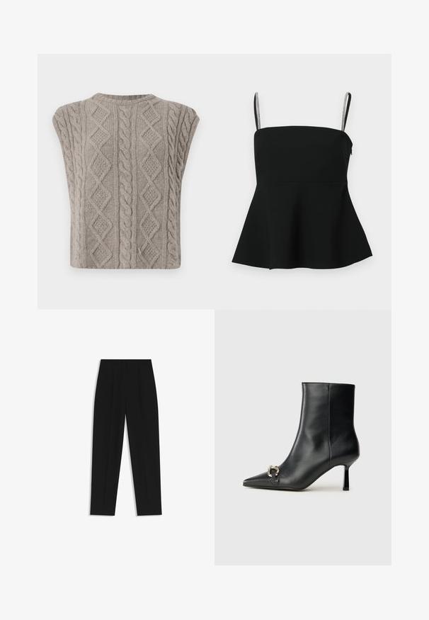 Ärmelloser Strickpullover aus weichem Grau. Mit strukturierten Mustern aus Zöpfen und Rauten. Rundhalsausschnitt und cropped Silhouette.; Schwarzes Peplum-Oberteil mit dünnen verstellbaren Trägern und silbernen Akzenten. Aus glattem Stoff gefertigt, mit einer taillierten Passform und einem ausladenden Saum.; Schwarze Hose mit geradem Schnitt, doppelten Falten, einer glatten Textur und einem klassischen Bunddesign. Keine sichtbaren Beschläge oder Akzente.; Schwarze Leder-Stiefelette mit spitzer Zehe, schlankem, mittelhohem Absatz und silberner Schnalle seitlich vor einem schlichten Hintergrund.