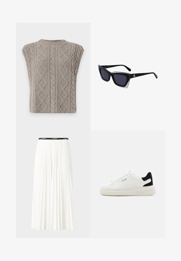 Köynnökselle kudottu hihaton villapaita pehmeässä harmaassa. Sisältää tekstuurimalleja, joissa on lettejä ja timantteja. Pyöreä kaula-aukko ja lyhyt siluetti.; Hame valkoinen pliseerattu hame mustalla joustavalla vyötäröhihnalla, jossa on "LACOSTE"-logo. Puolipitkä malli pehmeällä tekstuurilla.; Valkoiset nahkakengät paksulla valkoisella pohjalla, mustalla mokkanahkaosuudella kannassa ja kohokuvioitu logo sivulla. Nauhakeskitys kuudella reiällä.; Mustat ylisuuret aurinkolasit, joissa on geometrinen muoto, tummat linssit ja kehykseen erottuva harmaa yksityiskohta. Logo varressa.