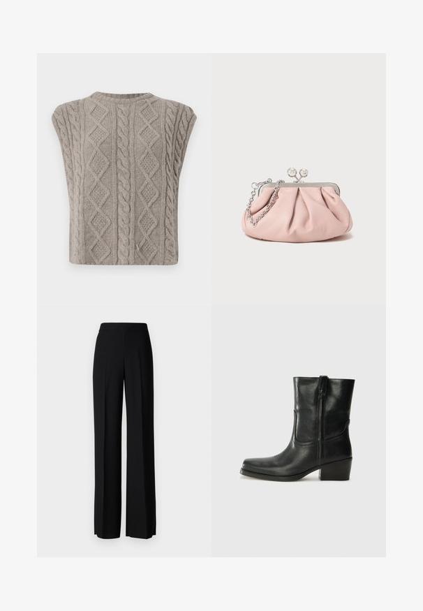 Pull en tricot à col rond sans manches en gris doux. Présente des motifs texturés de tresses et de diamants. Silhouette courte.; Pantalons noirs à jambes larges avec une texture lisse, dotés d'une taille haute et de plis centraux. Pas de motifs visibles ni de détails en matériel.; Bottine en cuir noir avec un bout rond, un talon carré, une fermeture éclair sur le côté et des coutures décoratives sur l'empeigne. Texture lisse, design classique.; Pochette en cuir rose avec un design plissé, cadre en métal, deux fermoirs ronds et une anse en chaîne argentée. Texture lisse, forme compacte.