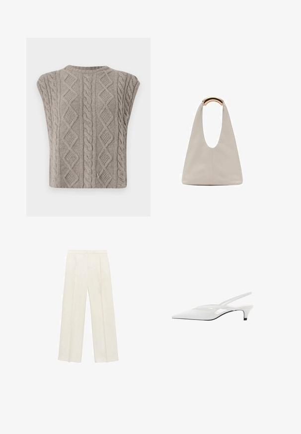 Sweter bez rękawów w splot kablowym w miękkim odcieniu szarości. Charakteryzuje się teksturowanymi wzorami w warkocze i diamenty. Okrągły dekolt i krótki krój.; Spodnie o szerokich nogawkach w jasnym kolorze kremowym. Wykonane z gładkiego materiału, z plisami z przodu i bocznymi kieszeniami.; Biała szpilka na odkrytej pięcie z ostrym noskiem, charakteryzująca się gładką cholewką, subtelnymi wycięciami i niskim obcasem w kształcie bloku. Czarna podeszwa podkreśla design.; Jasnoszara skórzana torba o kształcie litery U z zakrzywionym metalowym uchwytem. Gładka tekstura z minimalnymi szwami i bez widocznych wzorów.