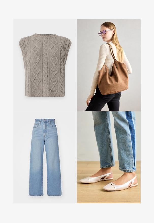 Pull en tricot à col rond sans manches en gris doux. Présente des motifs texturés de tresses et de diamants. Silhouette courte.; Jean large en denim bleu clair. Avec taille haute, conception à cinq poches et fermeture à bouton. Coupe droite avec un ourlet net.; Ballerines slingback rose pâle avec un bout pointu, fabriquées en un matériau semblable au cuir lisse. Présentent des découpes sur les côtés et un talon plat.; Sac fourre-tout en daim marron avec une texture douce, grande ouverture et longues sangles. Présente un design simple avec des coutures visibles et sans matériel.