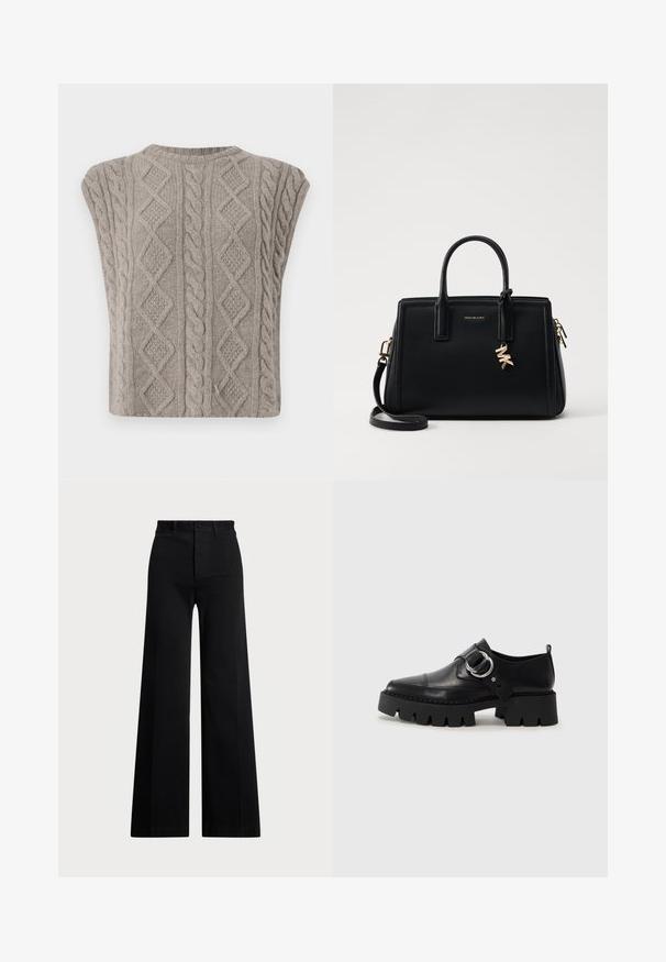 Mīksts pelēks bez piedurknēm adīts džemperis. Iezīmētas teksturētas apģērba rakstu svītras un dimanti. Apaļa kakla izgriezums un īsā silueta.; Melni platā kāju bikses, izgatavotas no austas auduma, ar augstu jostasvietu, priekšējo pogu aizdari un sānu kabatām. Gluda tekstūra ar skaidrām līnijām.; Melni ādas apavi ar masīvu, rievojumu zoli, ar apaļu sudraba aksesuāru un minimālām šuvēm.; Melnas ādas rokas soma ar strukturētu dizainu, dubultiem augšējiem rokturiem, noņemamu plecu siksnu, zelta aparatūru un logo piekariņu akcentu.