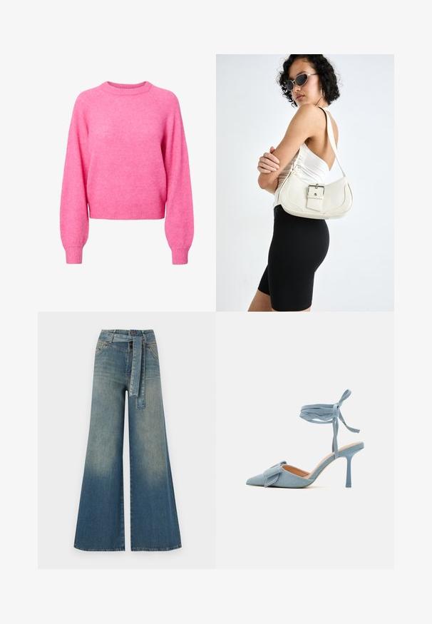 Lys rosa langermet genser med rund hals og ribbestrikkede mansjetter og hem, laget av mykt, fluffy strikket stoff.; Bredde ben jeans med en lyseblå til mørkeblå gradient, høyt liv, beltehemper og et matchende belte i samme stoff. Teksturert denimoverflate.; Pekepusted hæl sko i lyseblå stof med en tekstureret finish, med en sløjfeaccent og ankelrem for en sikker pasform.; Hvit lær håndveske med en buet form, justerbar stropp og en liten spenne-detalj. Modellen har på seg en tettsittende svart antrekk.