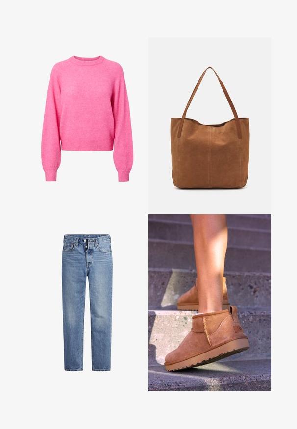 Ljust rosa långärmad tröja med rundad halsringning och ribbade ärmmuddar och nederkant, tillverkad av mjukt och fluffigt stickat tyg.; Ljusblå denimjeans med rak skärning, femfickorsdesign och knäppning med knapp. Har subtila blekningar och orangea sömnadsdetaljer.; Tan mockasiner med en mjuk textur, sömnadsdetaljer och en gummisula, med en öglad häl för enkel påtagning.; Brun mockaskinn tote bag med två långa handtag, med en slät yta, enkelt design och utan synlig hårdvara eller detaljer.