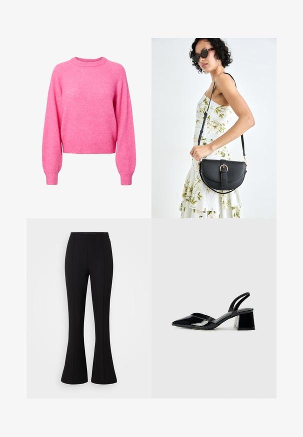 Fényes rózsaszín, hosszú ujjú, kereknyakú pulóver, bordás mandzsettákkal és szegéllyel, puha, bolyhos kötött anyagból készült.; Fekete harangszárú nadrág rugalmas anyagból, sima felülettel, magas derékkal, és varrásdíszítéssel az elején.; Fekete lakk bőr szandálkés magas sarkú cipő, hegyes orral és geometrikus tömbsarkakkal. Karcsú, minimalista dizájn és sima textúra jellemzi.; Fekete bőrtáska ívelt formával, levehető pánttal és arany színű fémrészekkel. A táskán egy csattal díszített fedél található.
